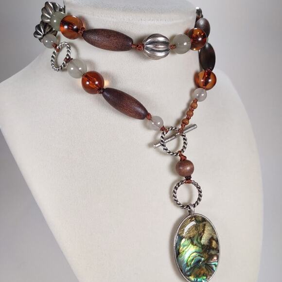 Silver Toned Oval Abalone Pendant With Wood and Plastic Beads Necklace - Picture 2 of 4